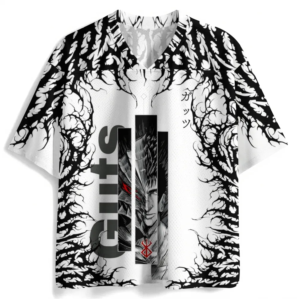 Berserk Guts Brand of Sacrifice Football Jersey, Gust Break Death Metal Logo Anime V-Neck Jersey Shirt, Black and White Sports Tee for Manga Fans