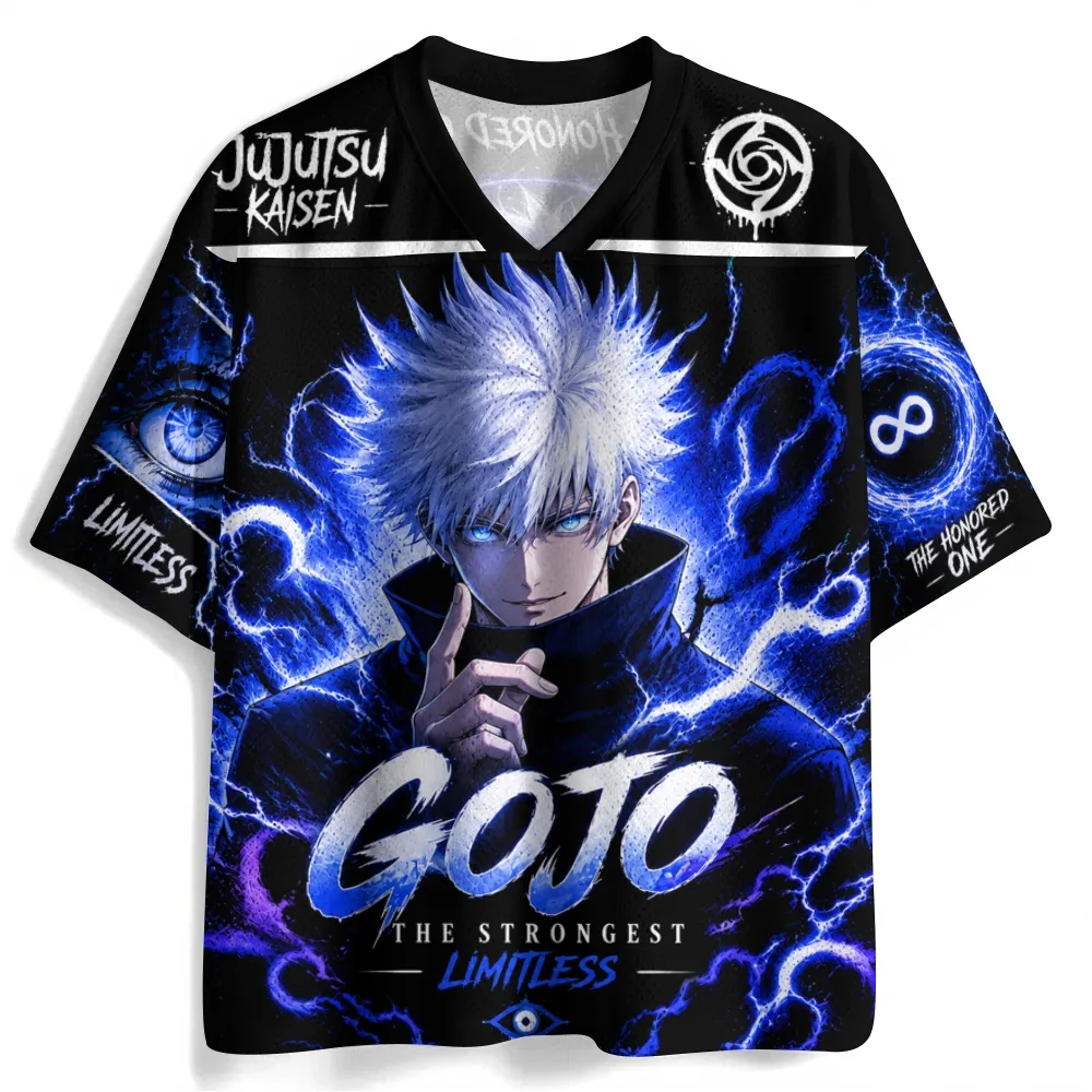 Jujutsu Kaisen Gojo Satoru Football Jersey, The Honored One Limitless Infinite Void Anime V-Neck Jersey Shirt, Black Electric Blue Tee