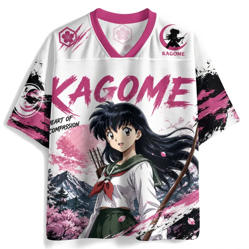Inuyasha Kagome Higurashi Football Jersey, Heart of Compassion Cherry Blossom Anime V-Neck Jersey Shirt, White Pink and Black Sports Tee