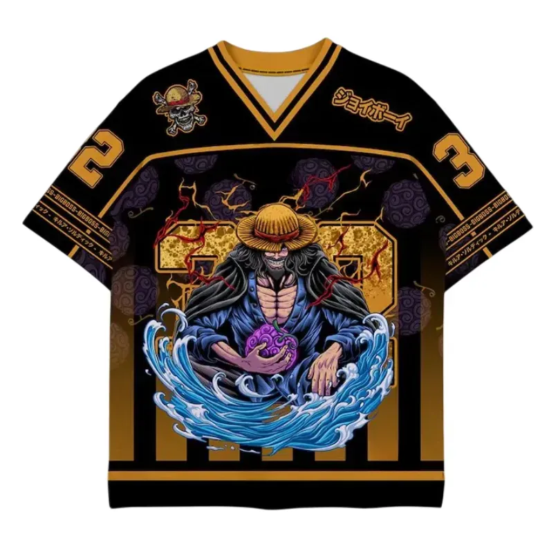 One Piece Joy Boy Football Jersey, Straw Hat Legend with Nika Devil Fruit Number 23 Black and Gold Anime V-Neck Jersey Shirt, Joyboy Sports Tee