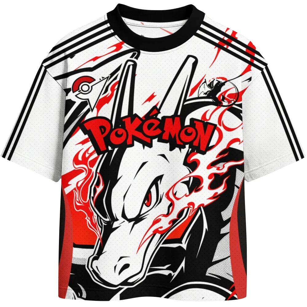 Pokemon Charizard Football Jersey, Fire Dragon Red Black and White Crew Neck Anime Soccer Jersey Shirt, Poke Ball Badge Gamer Sports Tee for Fans