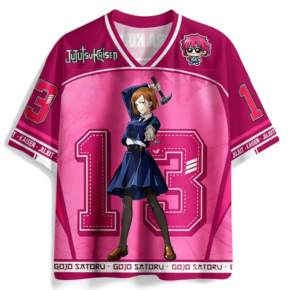Jujutsu Kaisen Nobara Kugisaki Football Jersey, Hammer and Nails Number 13 Anime V-Neck Jersey Shirt, Hot Pink Navy Mesh Tee for JJK Fans