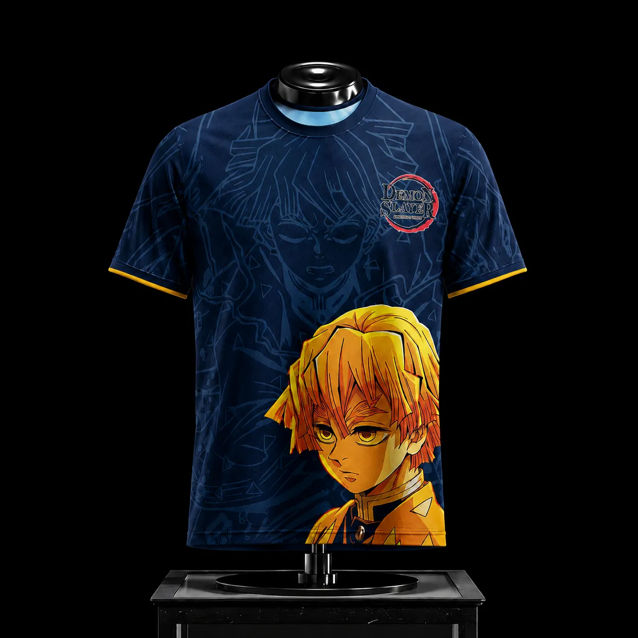 Demon Slayer Zenitsu Agatsuma Football Jersey, Thunder Breathing Crew Neck Anime Jersey Shirt, Navy Blue Gold Tonal Print Tee for Kimetsu Fans