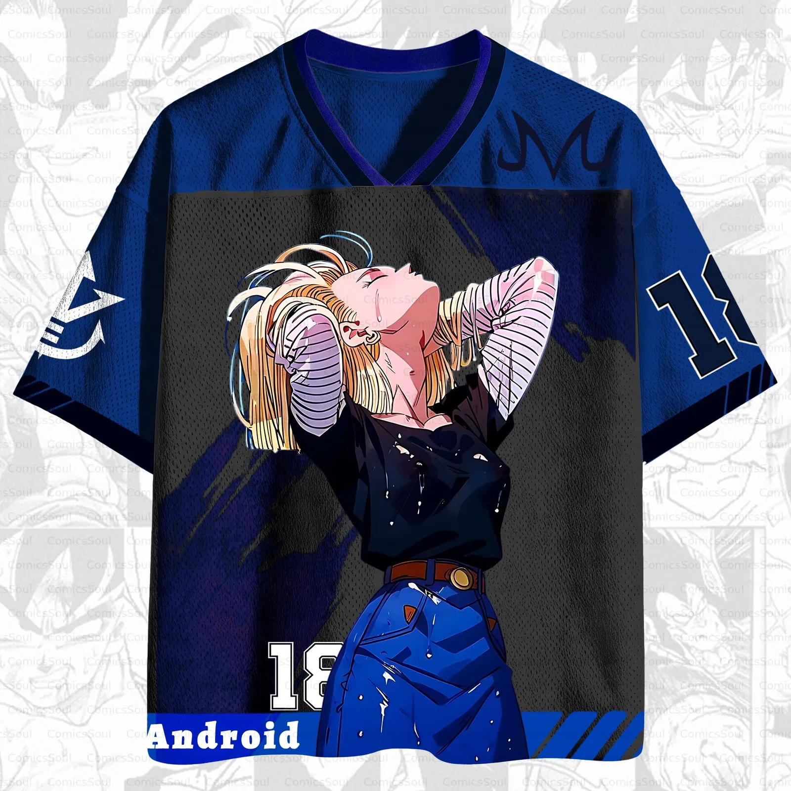 Dragon Ball Z Android 18 Football Jersey, Number 18 Cyborg Half Face Red Ribbon Army Anime V-Neck Jersey Shirt, Navy Blue Black Mesh Tee