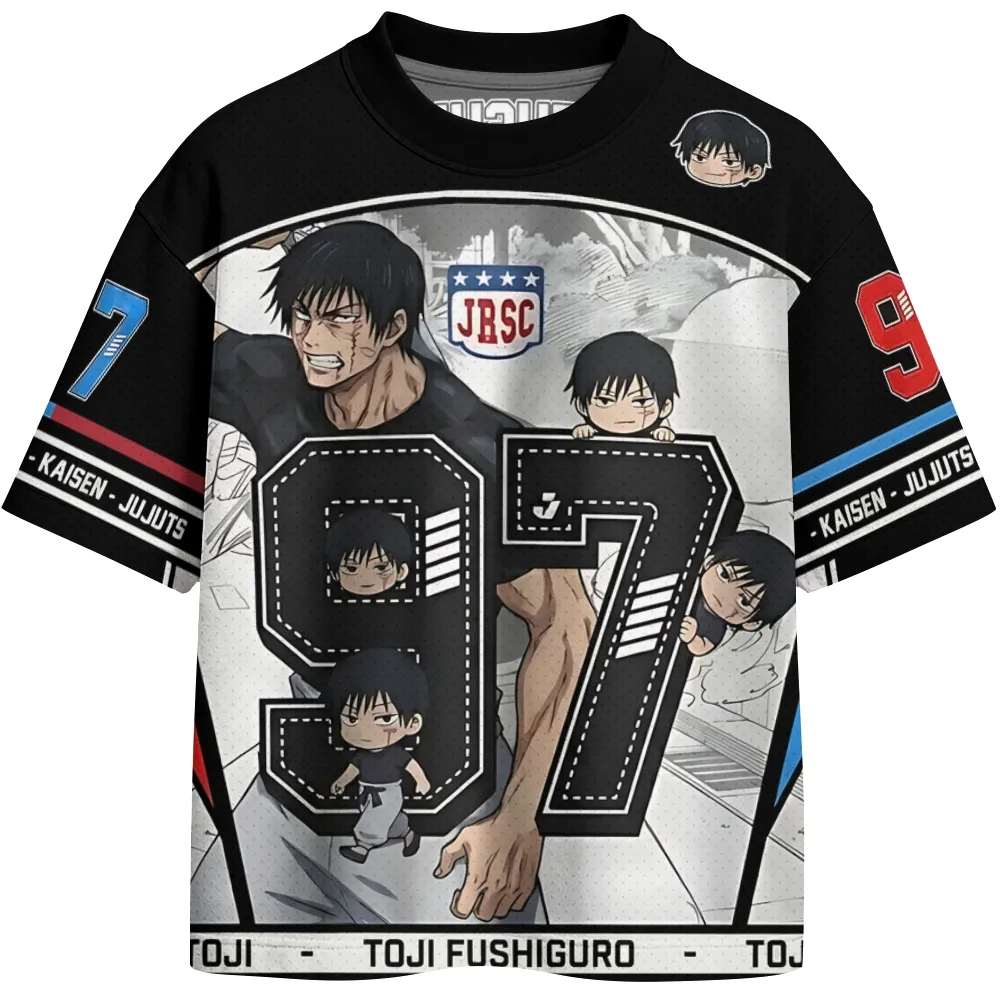 Jujutsu Kaisen Toji Fushiguro Football Jersey, Sorcerer Killer Number 97 Black and White Crew Neck Anime Jersey Shirt, Chibi Manga Sports Tee