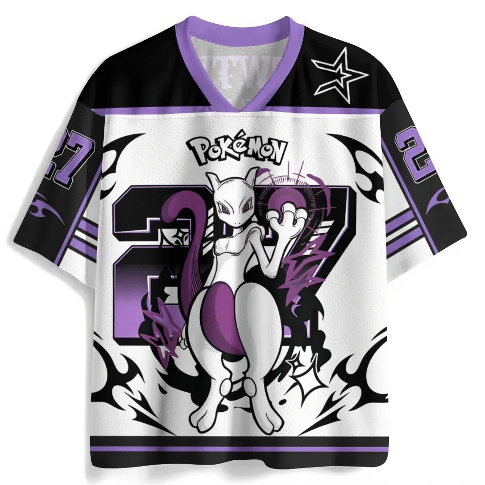 Pokémon Mewtwo Football Jersey, Psychic Legendary 27 Anime V-Neck Jersey Shirt, Purple Black and White Sports Tee for Trainers and Gamers