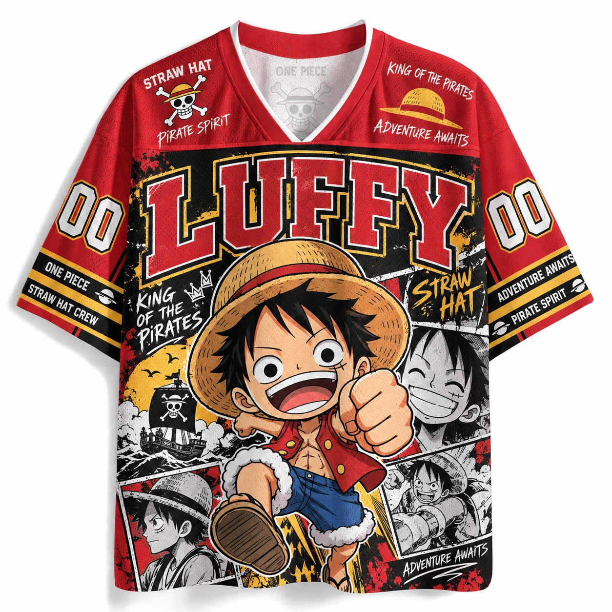 One Piece Monkey D Luffy Football Jersey, King of the Pirates Straw Hat Crew Number 00 Chibi Anime V-Neck Jersey Shirt, Red Black White Tee