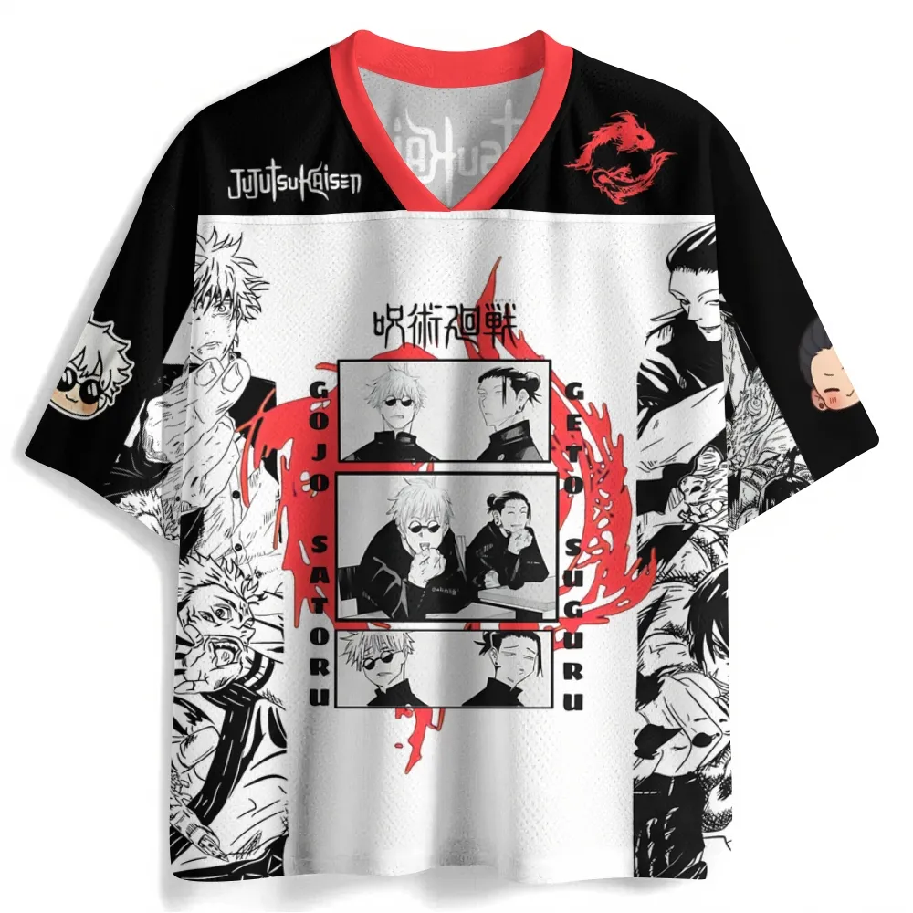 Jujutsu Kaisen Satoru Gojo and Suguru Geto Football Jersey, Hidden Inventory Black White Red Manga Anime V-Neck Jersey Shirt Fan Tee