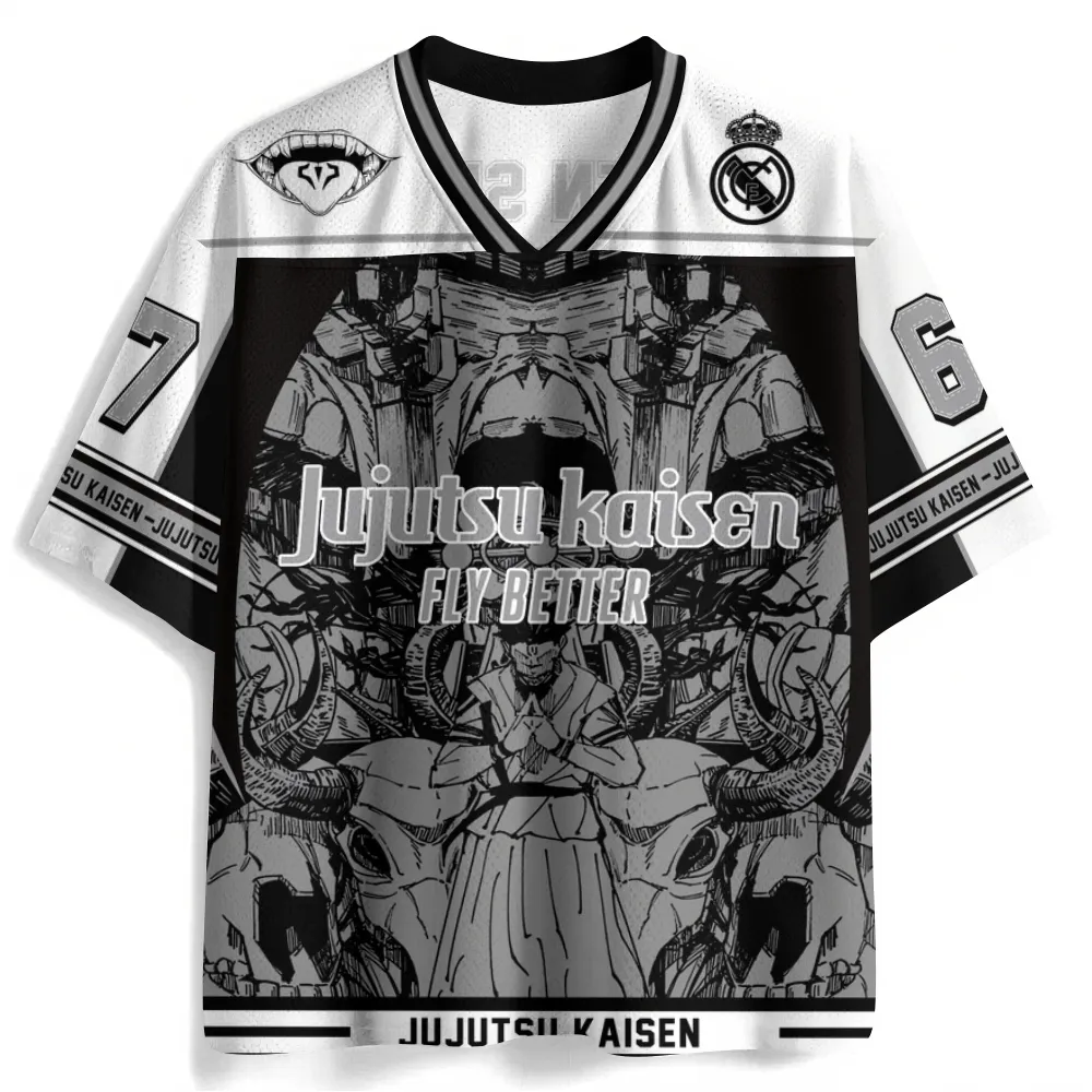 Jujutsu Kaisen Ryomen Sukuna Megumi Football Jersey, King of Curses Malevolent Shrine Anime V-Neck Jersey Shirt, White Black Gray 67 Tee