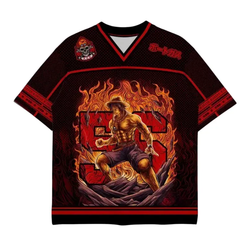 One Piece Portgas D Ace Football Jersey, Fire Fist Flame Number 2 Whitebeard Pirates Skull Crest Anime V-Neck Jersey Shirt, Black Red Orange Tee
