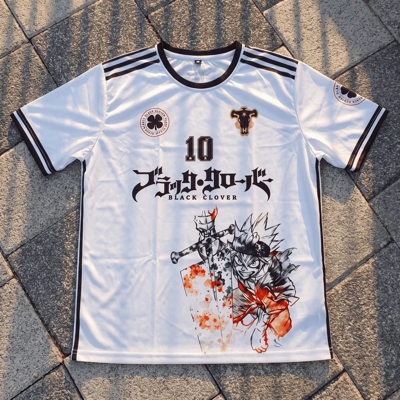 Black Clover Asta Football Jersey, Black Bulls Squad Number 10 Anime Crew Neck Soccer Jersey Shirt, White Ringer Trim Sports Tee