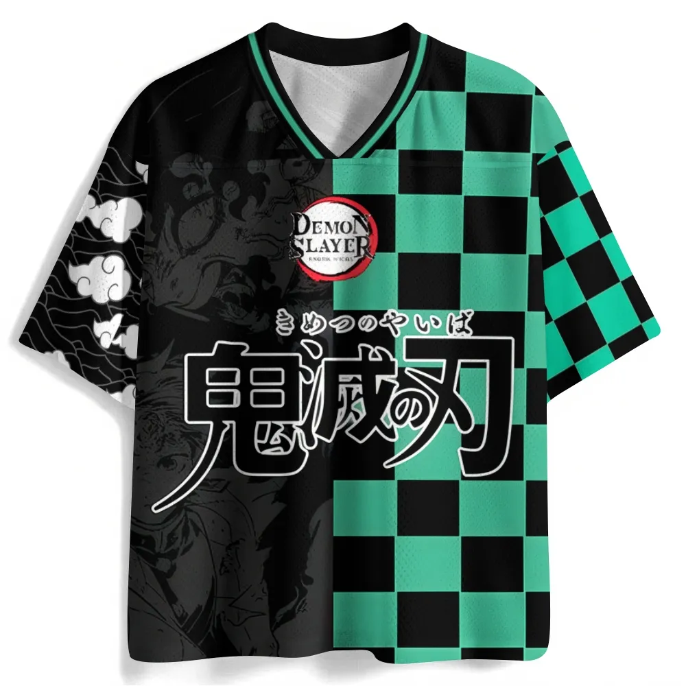Demon Slayer Tanjiro Kamado Football Jersey, Kimetsu no Yaiba Black and Green Checkered Anime V-Neck Jersey Shirt, Hanafuda Sports Tee