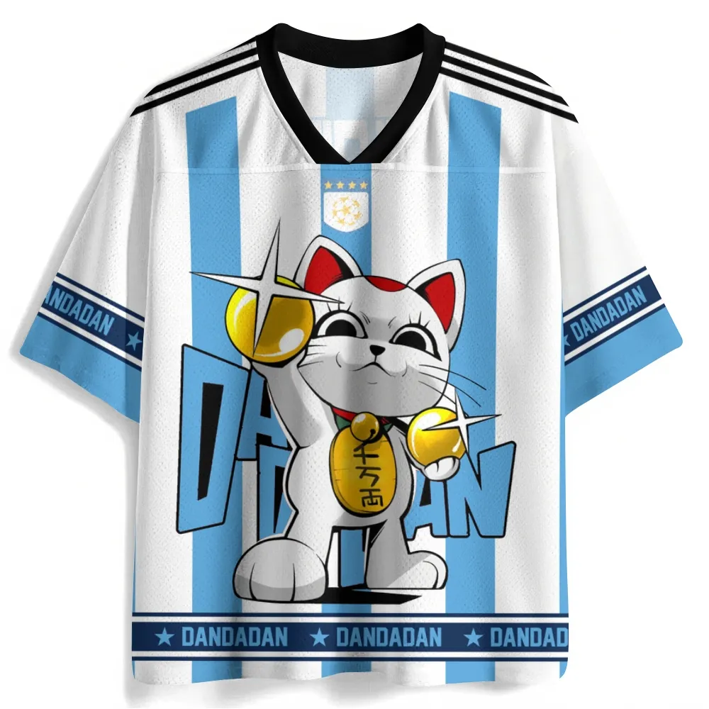 Dandadan Turbo Granny Maneki Neko Football Jersey, Lucky Cat Gold Coin Argentina Style Stripes Anime V-Neck Jersey Shirt, White Sky Blue Tee