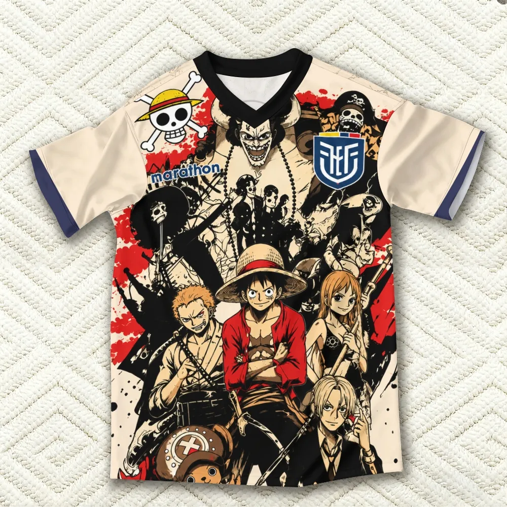 One Piece Straw Hat Crew Football Jersey, Ecuador Style Cream and Red Soccer Shirt, Luffy Zoro Nami Sanji Chopper Kaido Anime Fan Kit Tee