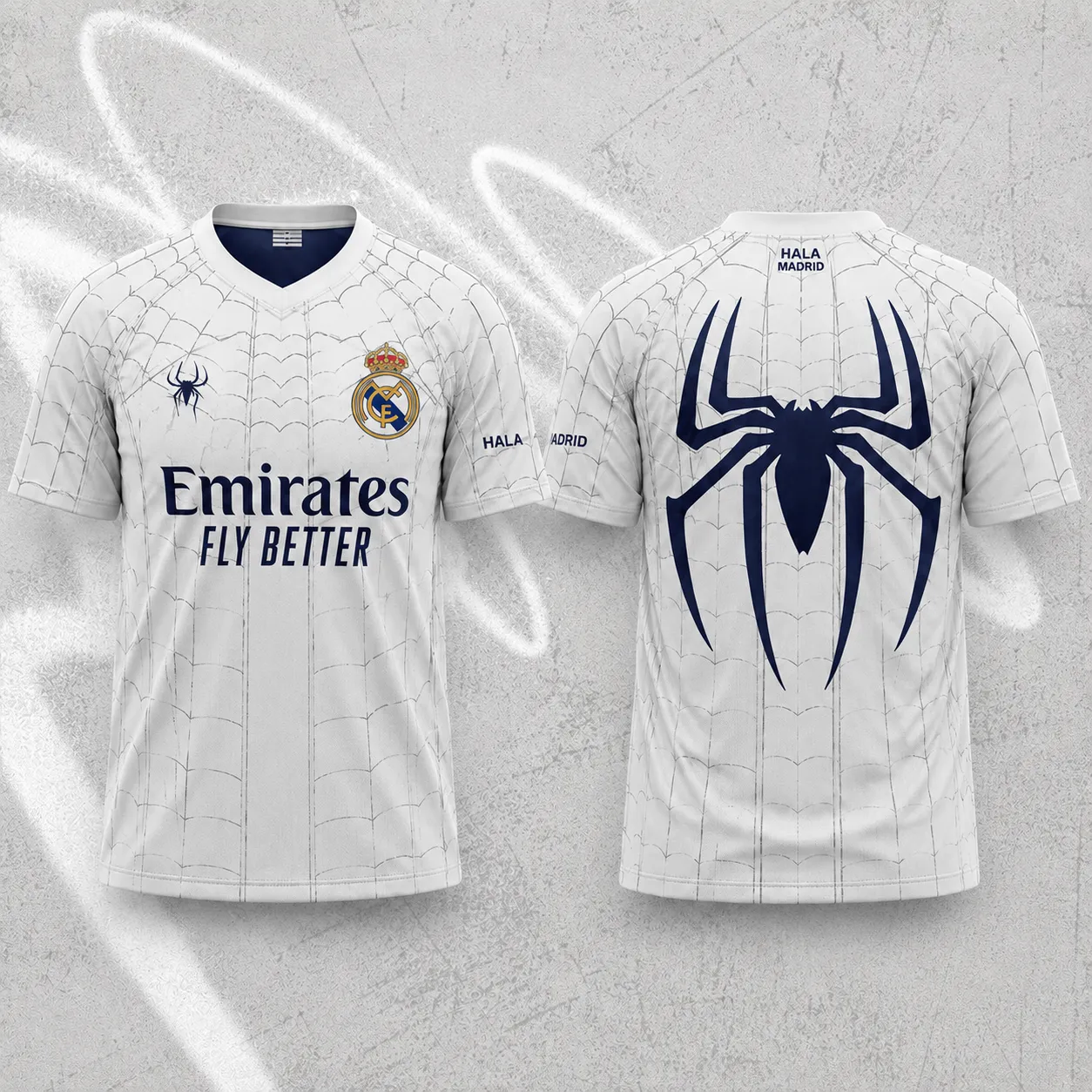 Real Madrid CF Spider-Man Football Jersey, Arachnid Emblem Web Pattern Crew Neck Jersey Shirt, White Navy Soccer Style Tee for Marvel Fans
