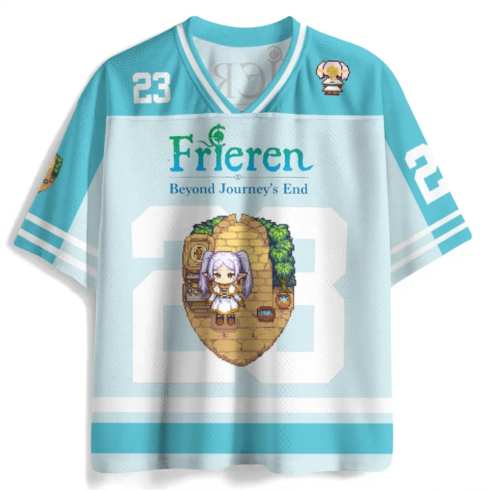 Frieren Beyond Journey's End Football Jersey, Number 23 Pixel Art Chibi Elf Mage Staff Anime V-Neck Jersey Shirt, Aqua White Sports Tee