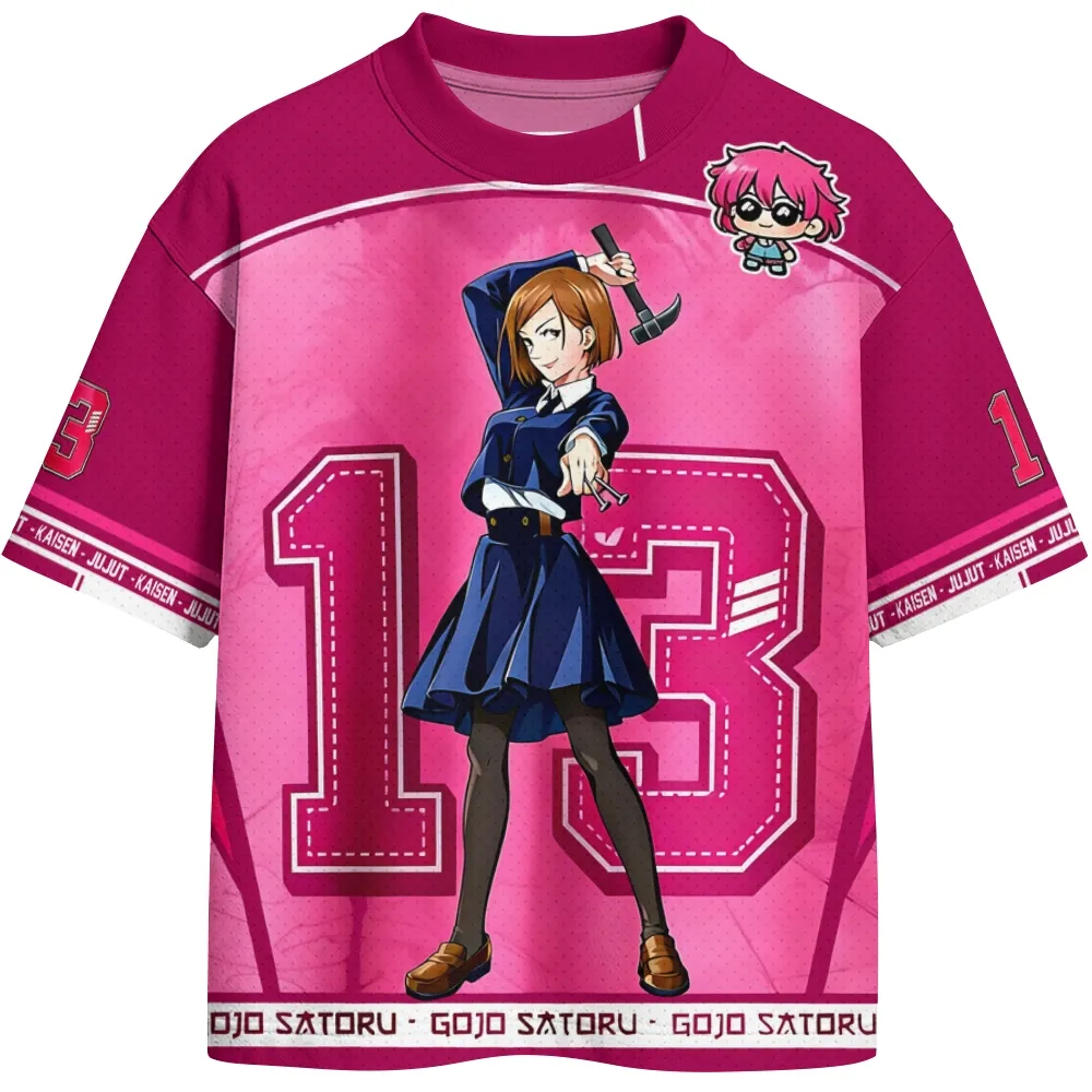 Jujutsu Kaisen Nobara Kugisaki Football Jersey, Number 13 Hammer and Nails Anime Crew Neck Jersey Shirt, Hot Pink Magenta Sports Tee