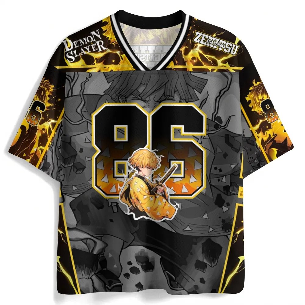 Demon Slayer Zenitsu Agatsuma Football Jersey, Thunder Breathing Number 86 Black Grey and Yellow Anime V-Neck Jersey Shirt, Kimetsu no Yaiba Tee