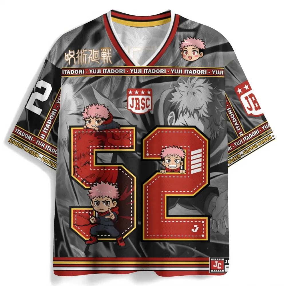 Jujutsu Kaisen Yuji Itadori Football Jersey, Tokyo High Sukuna Vessel Anime V-Neck Jersey Shirt, Gray Red Gold Number 52 Chibi Tee for Fans