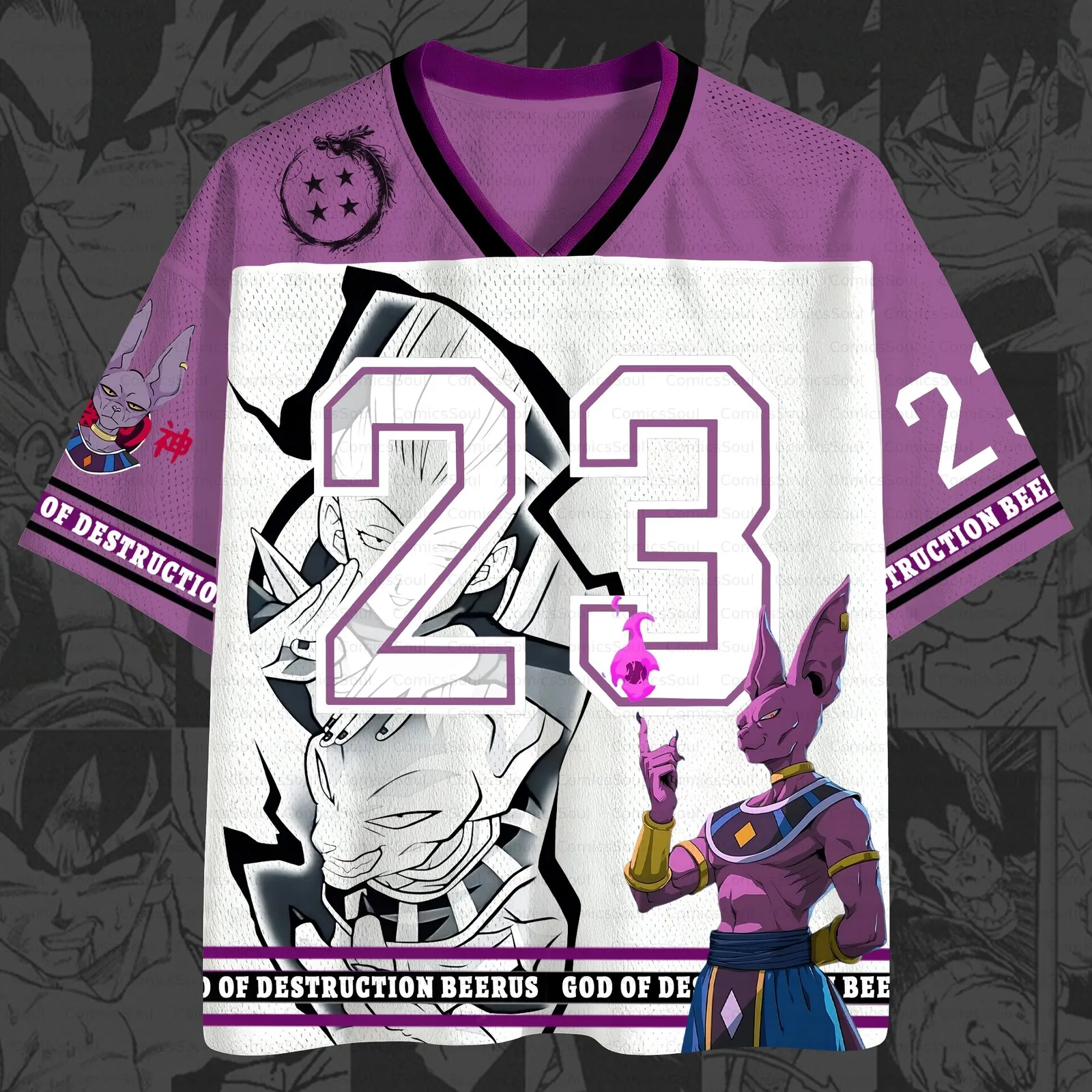 Dragon Ball Super Beerus Football Jersey, God of Destruction Number 23 Purple and White Anime V-Neck Jersey Shirt, Four Star Shenron Badge Tee