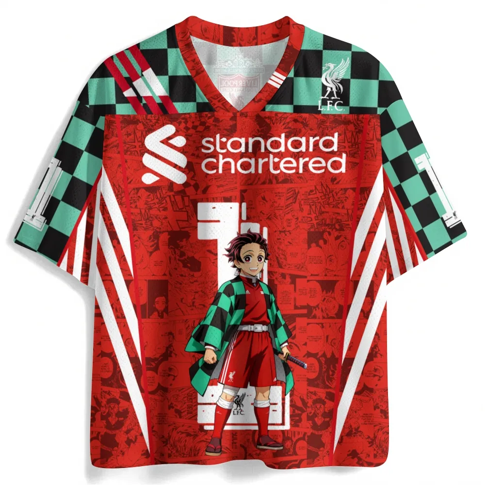 Demon Slayer Tanjiro Kamado Football Jersey, Kimetsu no Yaiba Checkered Haori Soccer Anime V-Neck Jersey Shirt, Red Green Black Number 1 Tee
