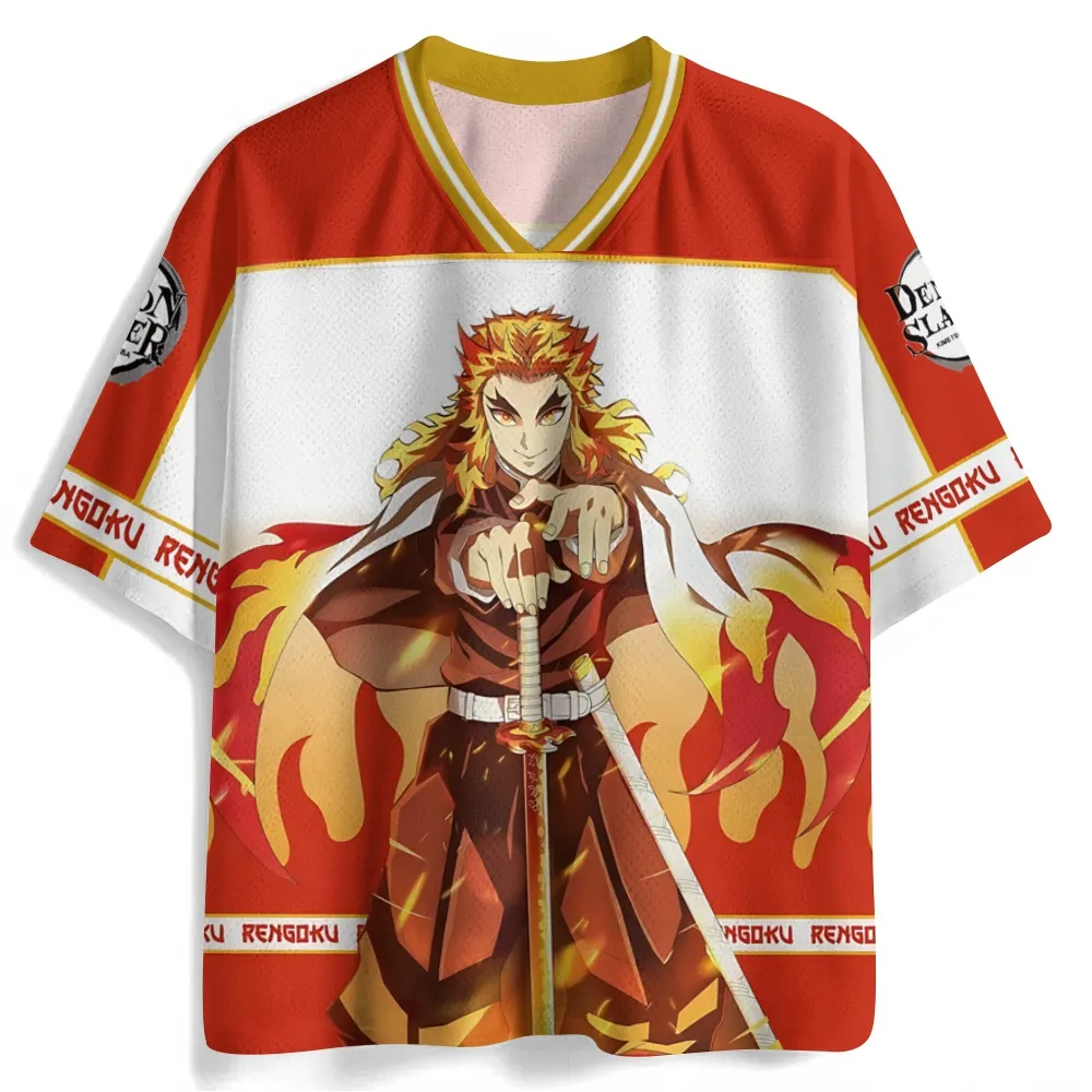 Demon Slayer Kyojuro Rengoku Football Jersey, Set Your Heart Ablaze Flame Hashira Anime V-Neck Jersey Shirt, Red White Fire Pattern Tee