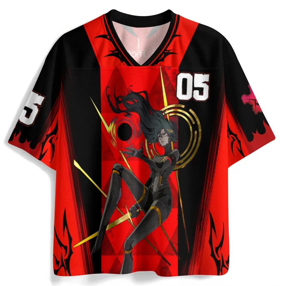 Falke Anime Football Jersey, Number 05 Red and Black Striped V-Neck Jersey Shirt, Dark Heroine with Gold Halo We Are Incomplete Graphic Tee