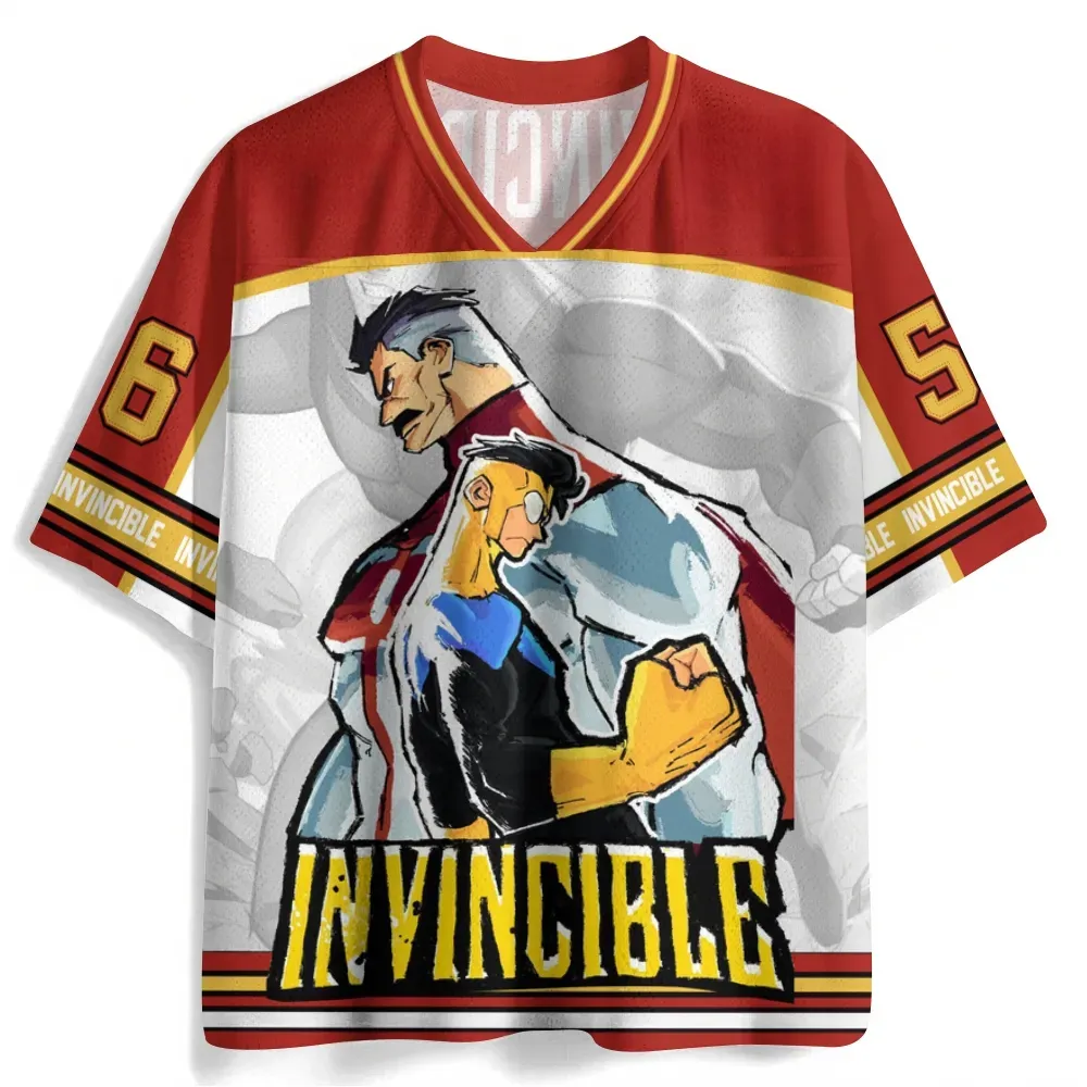Invincible Omni-Man and Mark Grayson Football Jersey, Number 56 Father and Son Comic V-Neck Jersey Shirt, Red Gold and White Sports Tee
