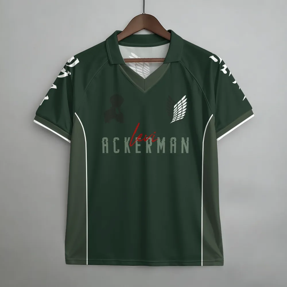 Attack on Titan Levi Ackerman Football Jersey, Survey Corps Wings of Freedom Anime Collared V-Neck Jersey Shirt, Forest Green White Tee