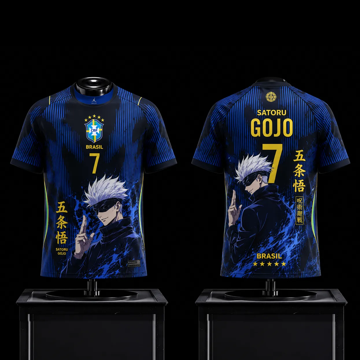 Jujutsu Kaisen Satoru Gojo Brasil Football Jersey, Number 7 Navy and Royal Blue Pinstripe Crew Neck Anime Soccer Jersey Shirt, Gold Kanji Tee