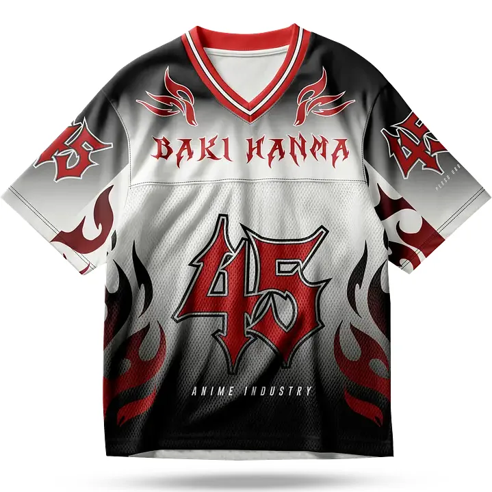 Baki Hanma Football Jersey, Grappler Gothic 45 Martial Arts Anime V-Neck Jersey Shirt, Red Black and White Flame Sports Tee for Fight Fans
