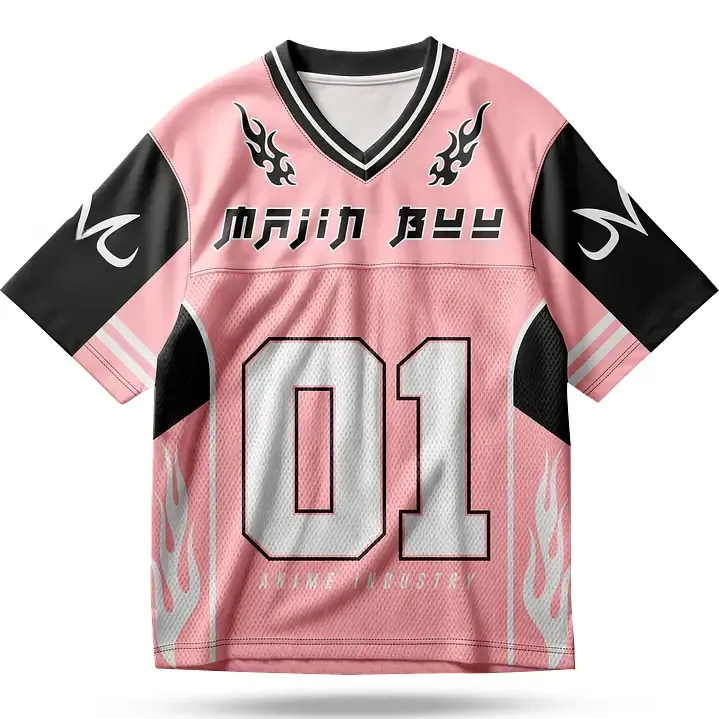 Dragon Ball Z Majin Buu Football Jersey, M Emblem Number 01 Anime V-Neck Jersey Shirt, Pink or Black Flame Mesh Tee for Z Fighter Fans
