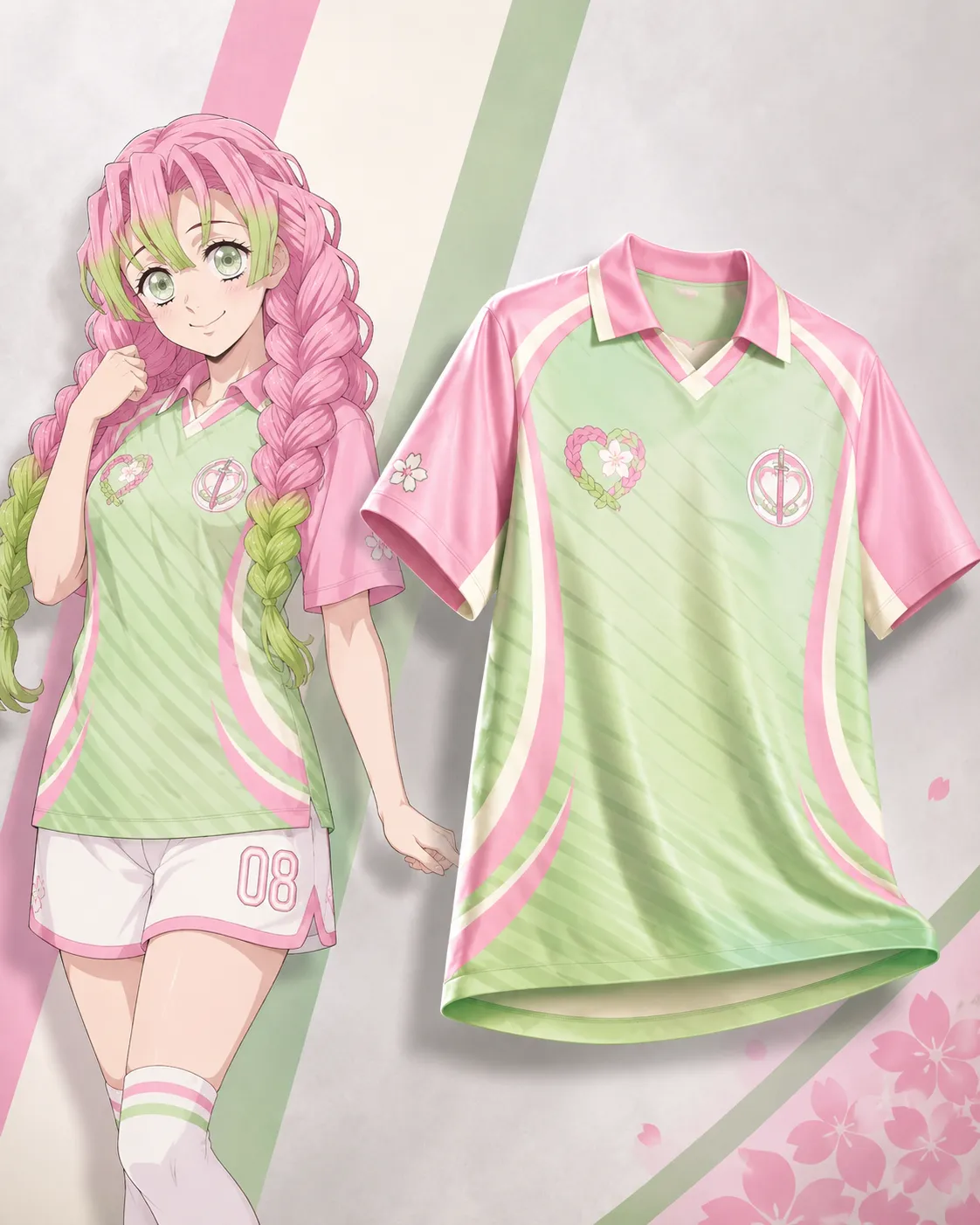 Demon Slayer Mitsuri Kanroji Football Jersey, Love Hashira Pastel Green and Pink Anime Soccer Shirt, Cherry Blossom Collared Fan Tee