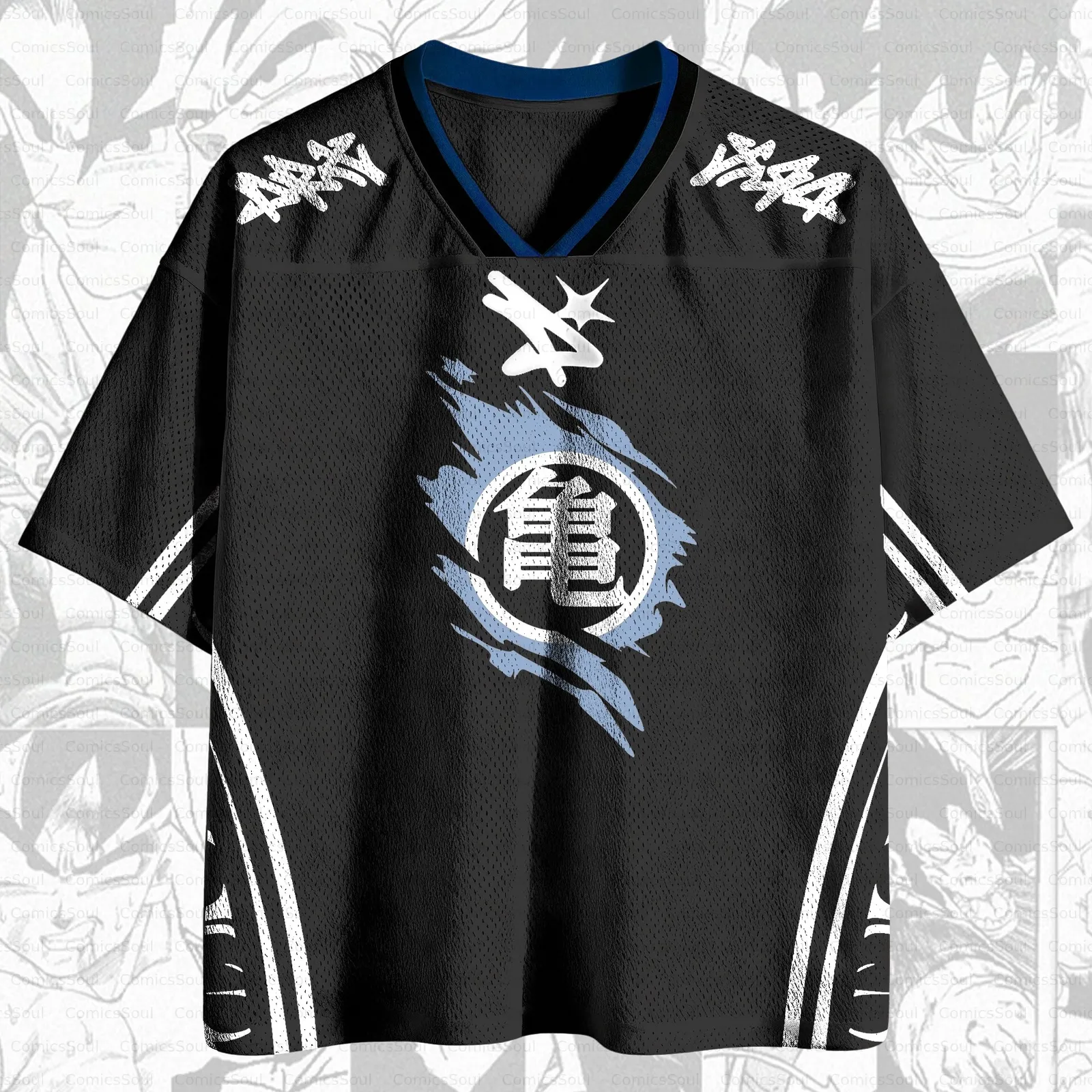 Dragon Ball Goku Ultra Instinct Football Jersey, Turtle School Kanji Anime V-Neck Jersey Shirt, Black Blue and White Sports Tee for DBZ Fans