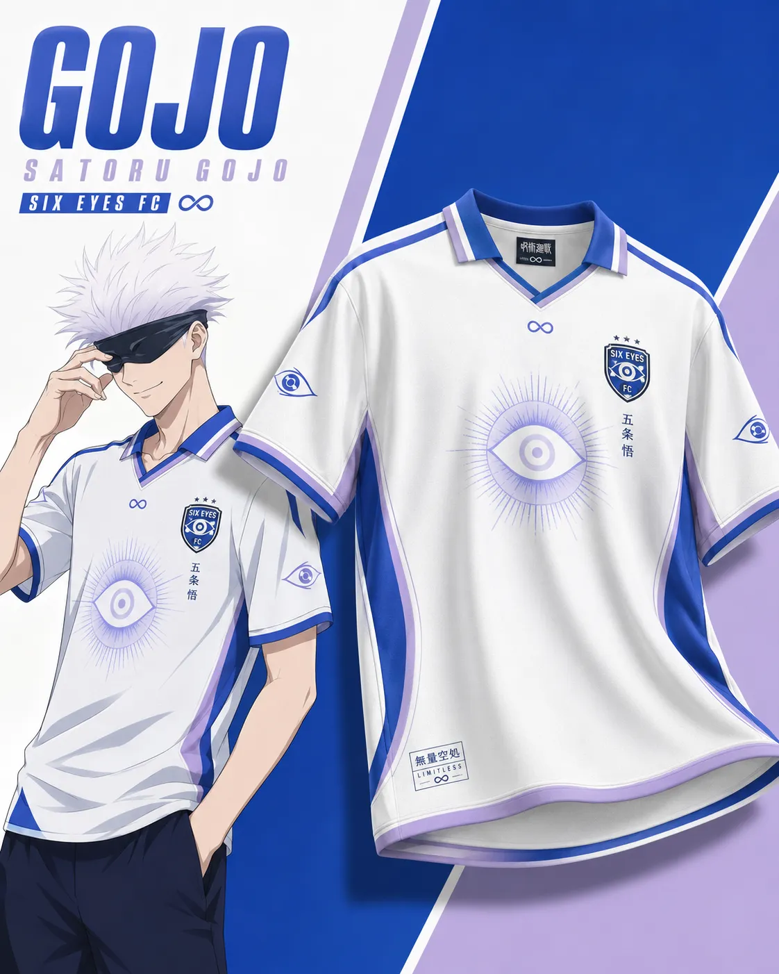 Jujutsu Kaisen Satoru Gojo Football Jersey, Six Eyes FC Infinity Collared V-Neck Jersey Shirt, White Royal Blue Lavender Anime Tee for JJK Fans