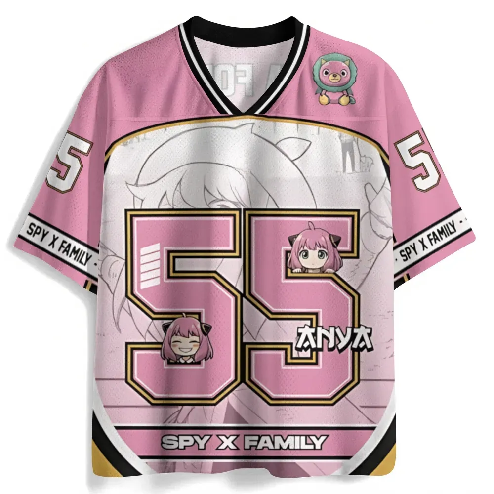 Spy x Family Anya Forger Football Jersey, Pink and White Anime V-Neck Jersey Shirt with Number 55, Chimera Plush Cute Chibi Fan Tee