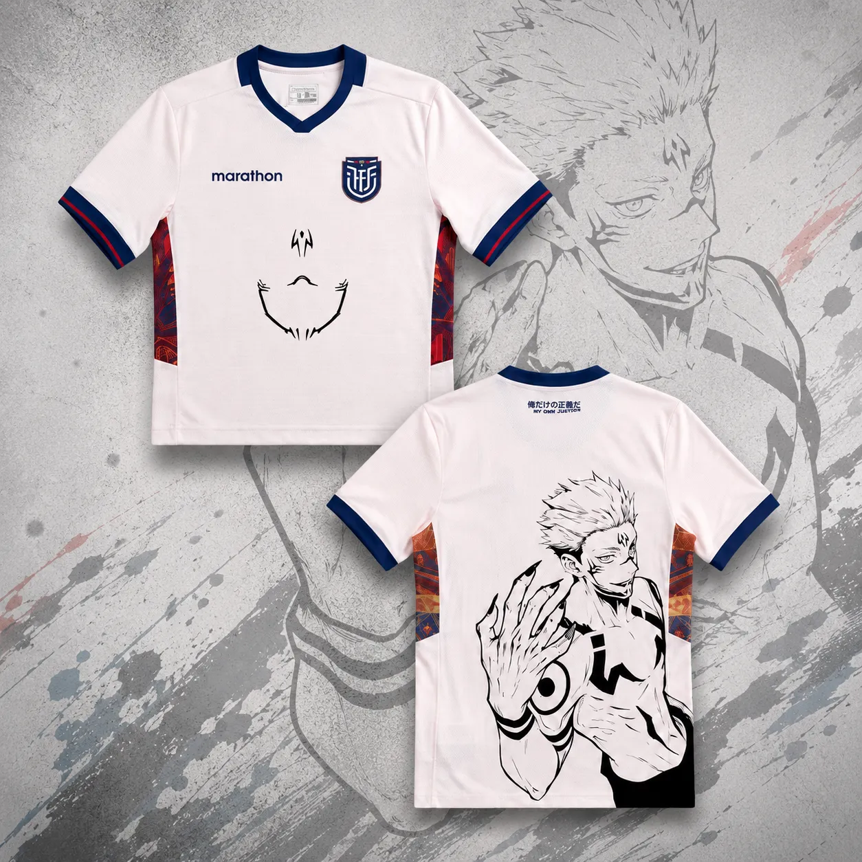 Jujutsu Kaisen Ryomen Sukuna Football Jersey, King of Curses Face Markings Anime Soccer Style Jersey Shirt, White and Navy Sports Tee for Fans