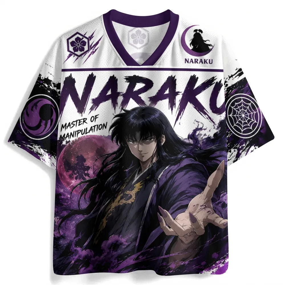 Inuyasha Naraku Football Jersey, Master of Manipulation Blood Moon White and Purple Anime V-Neck Jersey Shirt, Spider Web Crest Villain Tee