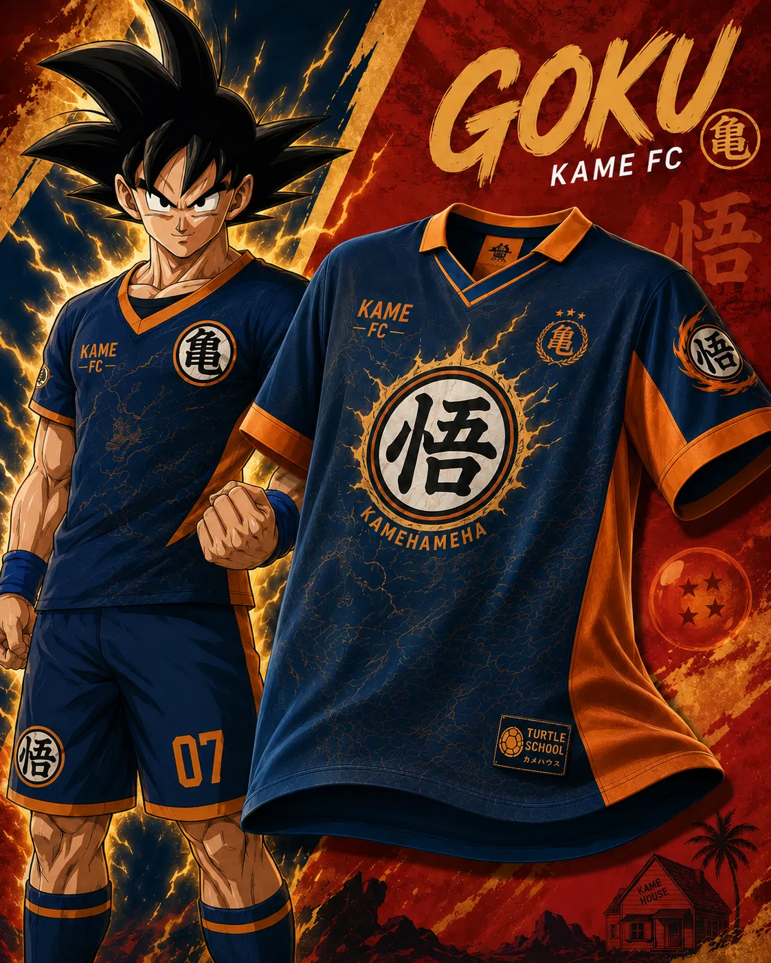 Dragon Ball Goku Kame FC Football Jersey, Kamehameha Go Kanji Crest Navy and Orange Anime Soccer Jersey Shirt, Turtle School Collared Sports Tee