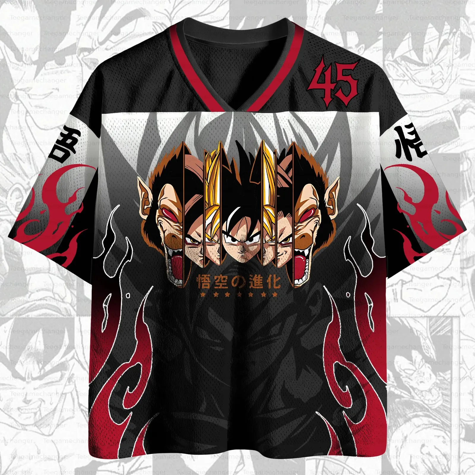 Dragon Ball Z Goku Evolution Football Jersey, Super Saiyan Great Ape Forms Anime V-Neck Jersey Shirt, Black Red Flame Number 45 Tee