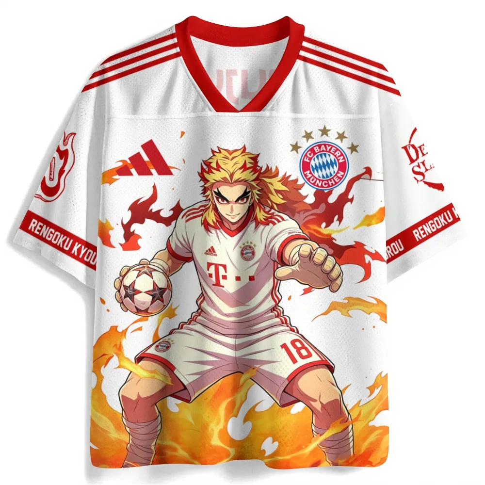 Demon Slayer Kyojuro Rengoku Football Jersey, Flame Hashira Soccer Player Number 10 White and Red Anime V-Neck Jersey Shirt, Kyoujurou Fire Tee