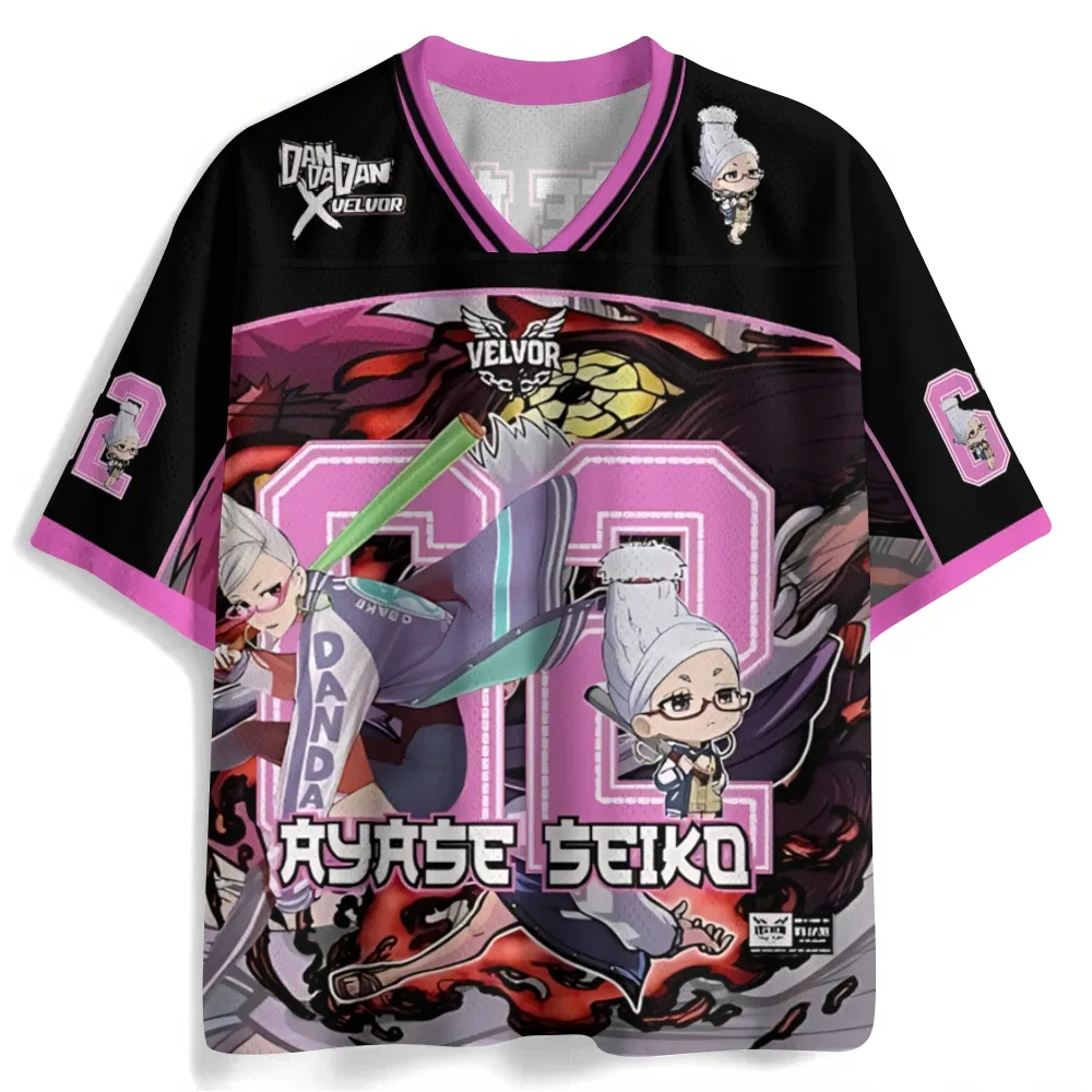 Dandadan Seiko Ayase Football Jersey, Pink and Black Anime V-Neck Jersey Shirt with Number 62, Spirit Medium Granny Chibi Fan Tee