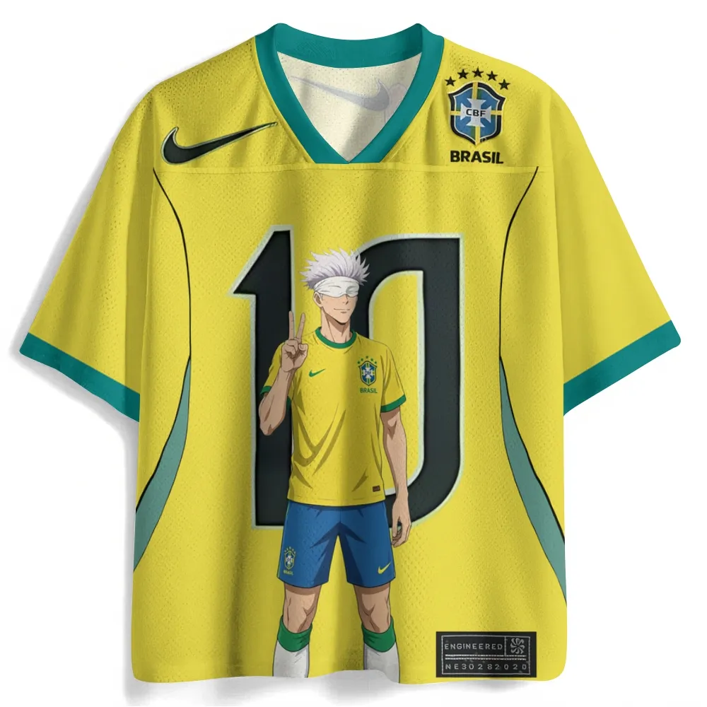 Jujutsu Kaisen Satoru Gojo Football Jersey, Brazil Style Number 10 Anime V-Neck Soccer Jersey Shirt, Canary Yellow and Teal Sports Tee