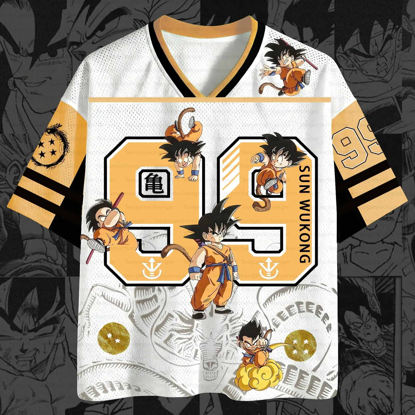 Dragon Ball Kid Goku Sun Wukong Football Jersey, Flying Nimbus Four Star Orbs 99 Anime V-Neck Jersey Shirt, White and Orange Sports Tee