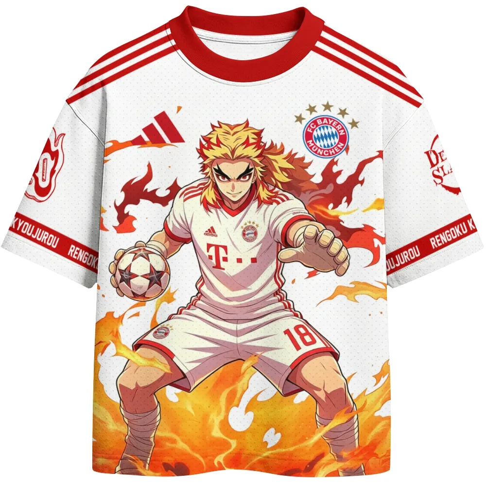 Demon Slayer Kyojuro Rengoku Football Jersey, Flame Hashira Number 10 Soccer Style Crew Neck Jersey Shirt, White Red Anime Tee for Fans
