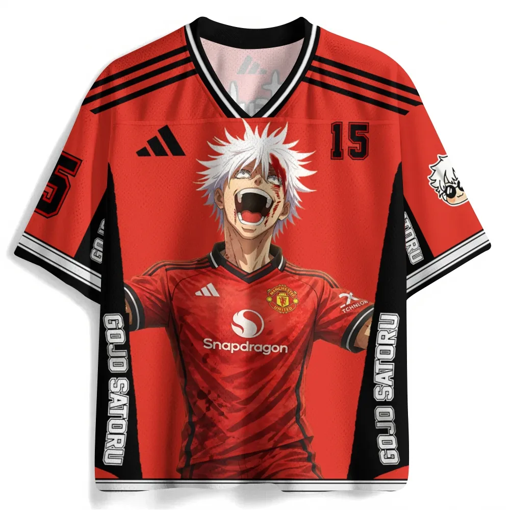 Jujutsu Kaisen Satoru Gojo Football Jersey, Strongest Sorcerer Trophy Celebration Anime V-Neck Jersey Shirt, Red Black White Number 15 Tee