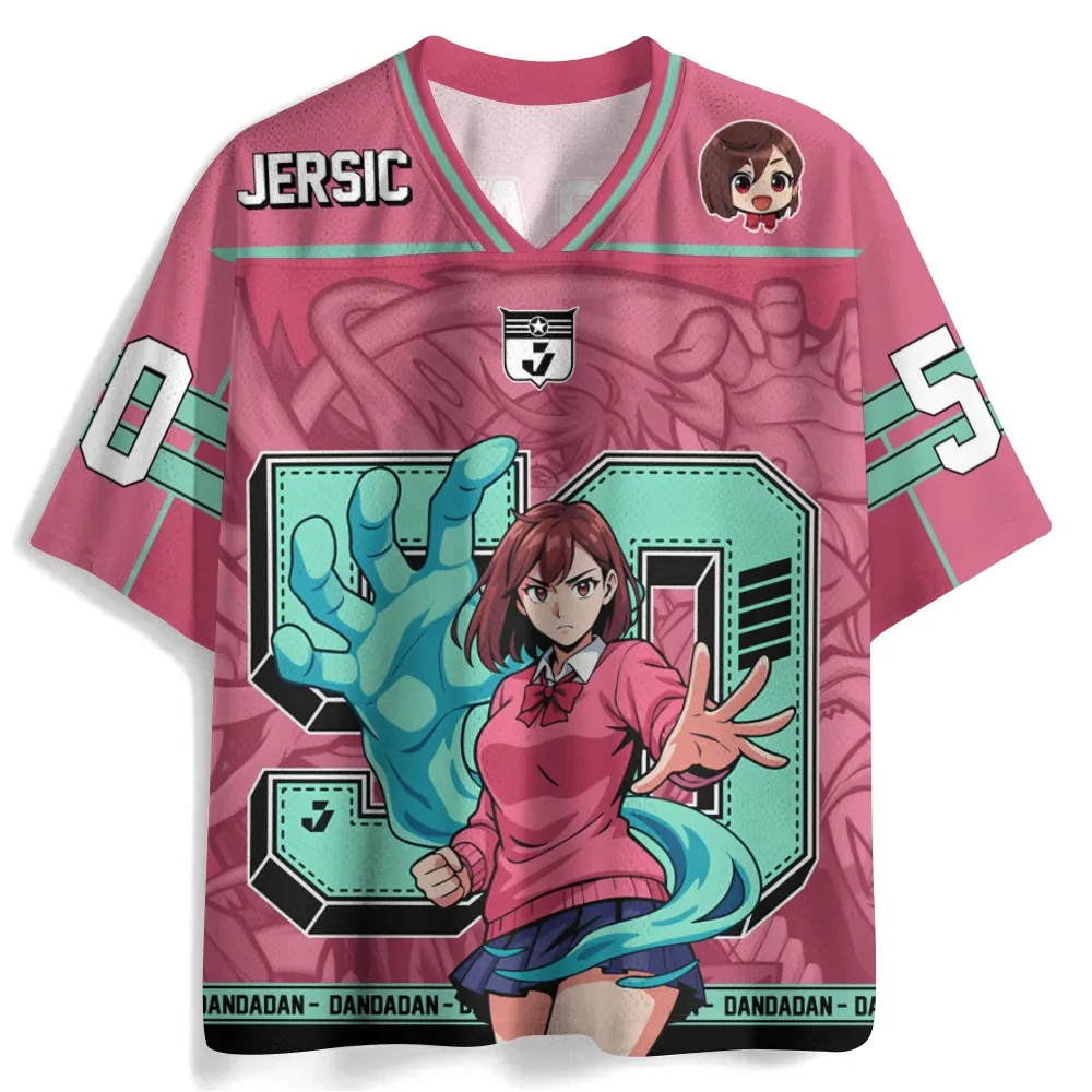 Dandadan Momo Ayase Football Jersey, Pink and Mint Anime V-Neck Jersey Shirt with Number 50, Psychic Spirit Hand Chibi Fan Tee