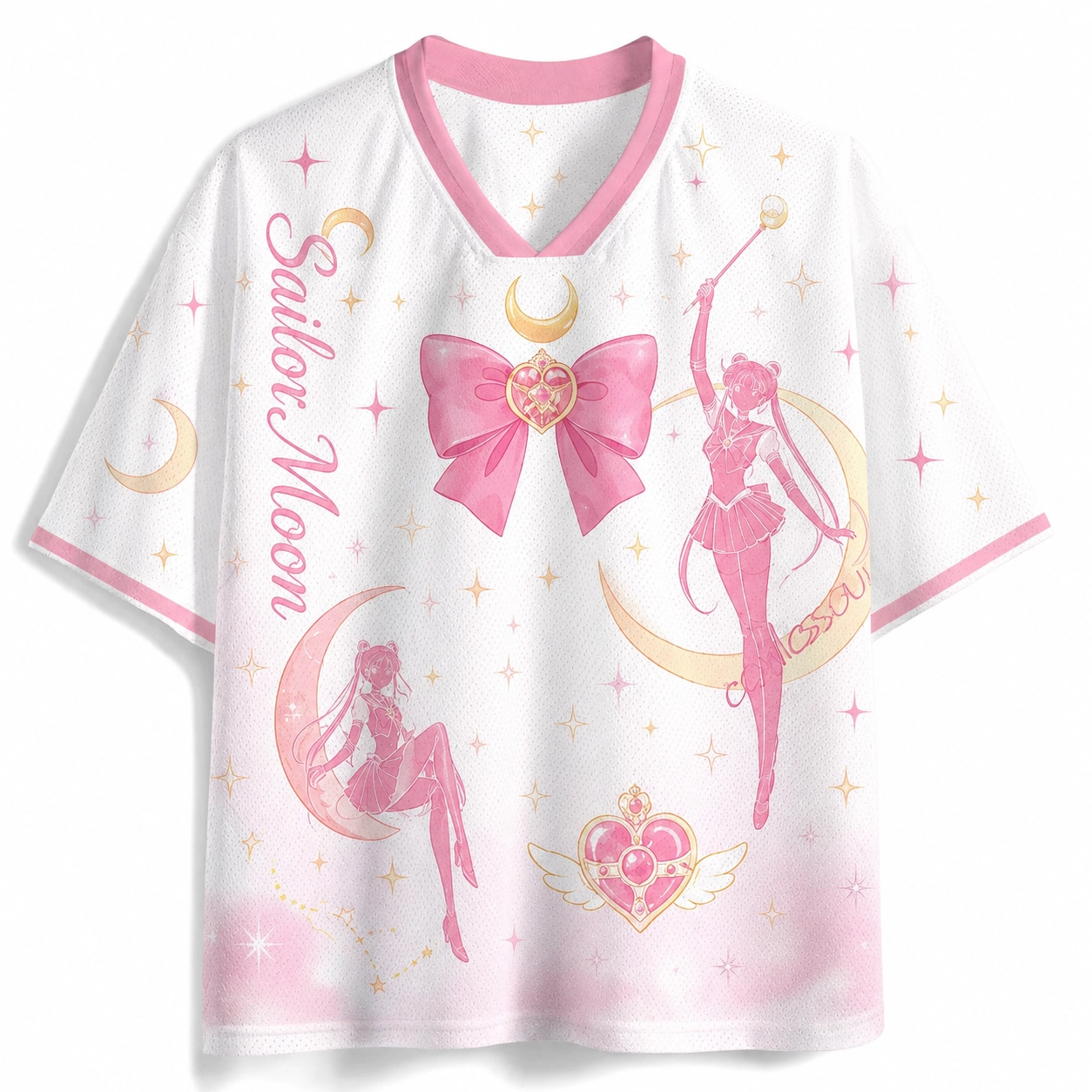 Sailor Moon Football Jersey, Usagi Tsukino Ribbon Bow Crescent Anime V-Neck Jersey Shirt, White Pink Gold Pastel Tee for Magical Girl Fans