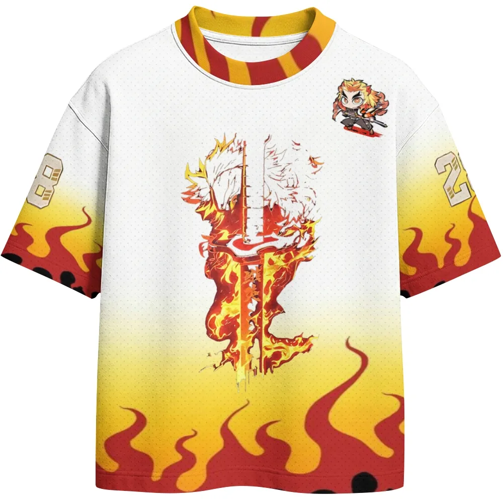 Demon Slayer Kyojuro Rengoku Football Jersey, Flame Hashira White Yellow and Red Fire Crew Neck Anime Jersey Shirt, Number 28 Chibi Fan Tee