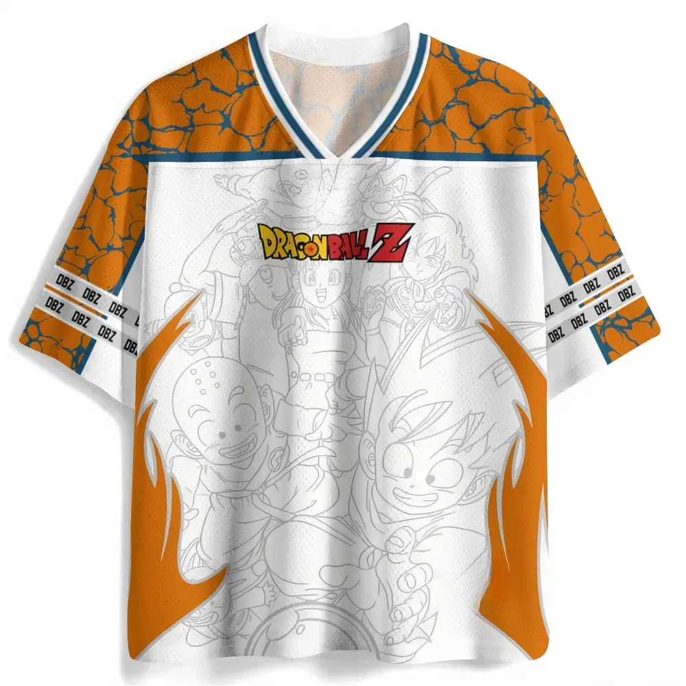 Dragon Ball Z Kid Goku Krillin Football Jersey, Kame House Turtle School Anime V-Neck Jersey Shirt, White Orange Blue Line Art Tee